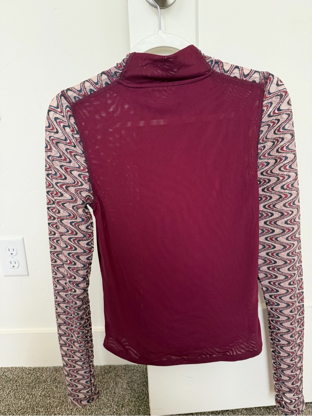 Free People Burgundy Mock Neck Long-Sleeve Top with Patterned Sleeves
